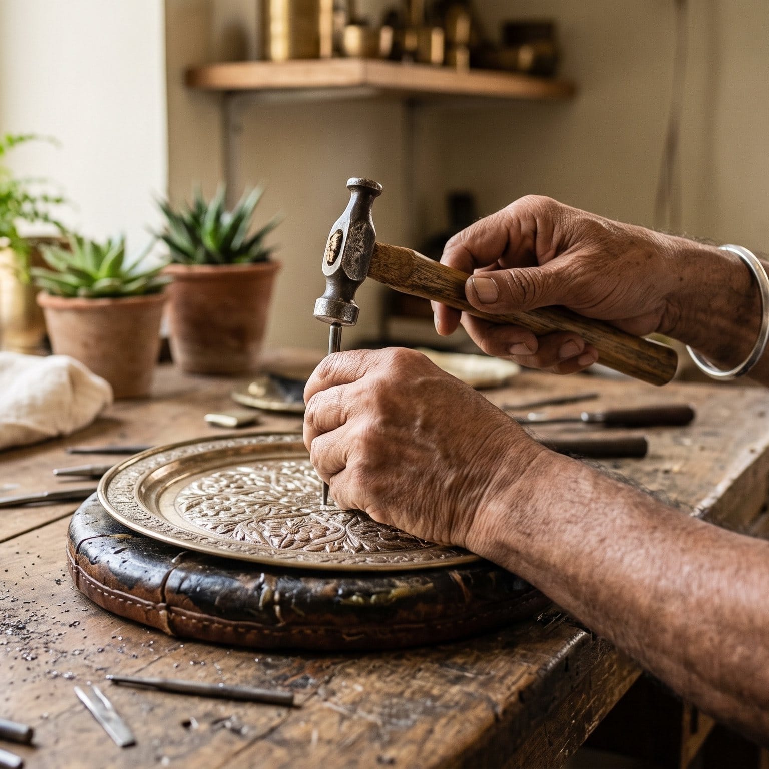 Hand-finishing a pattern into a plated brass piece