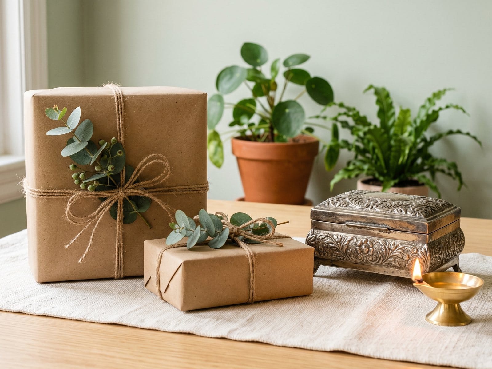 Wrapped gifts with a small plated box and diya