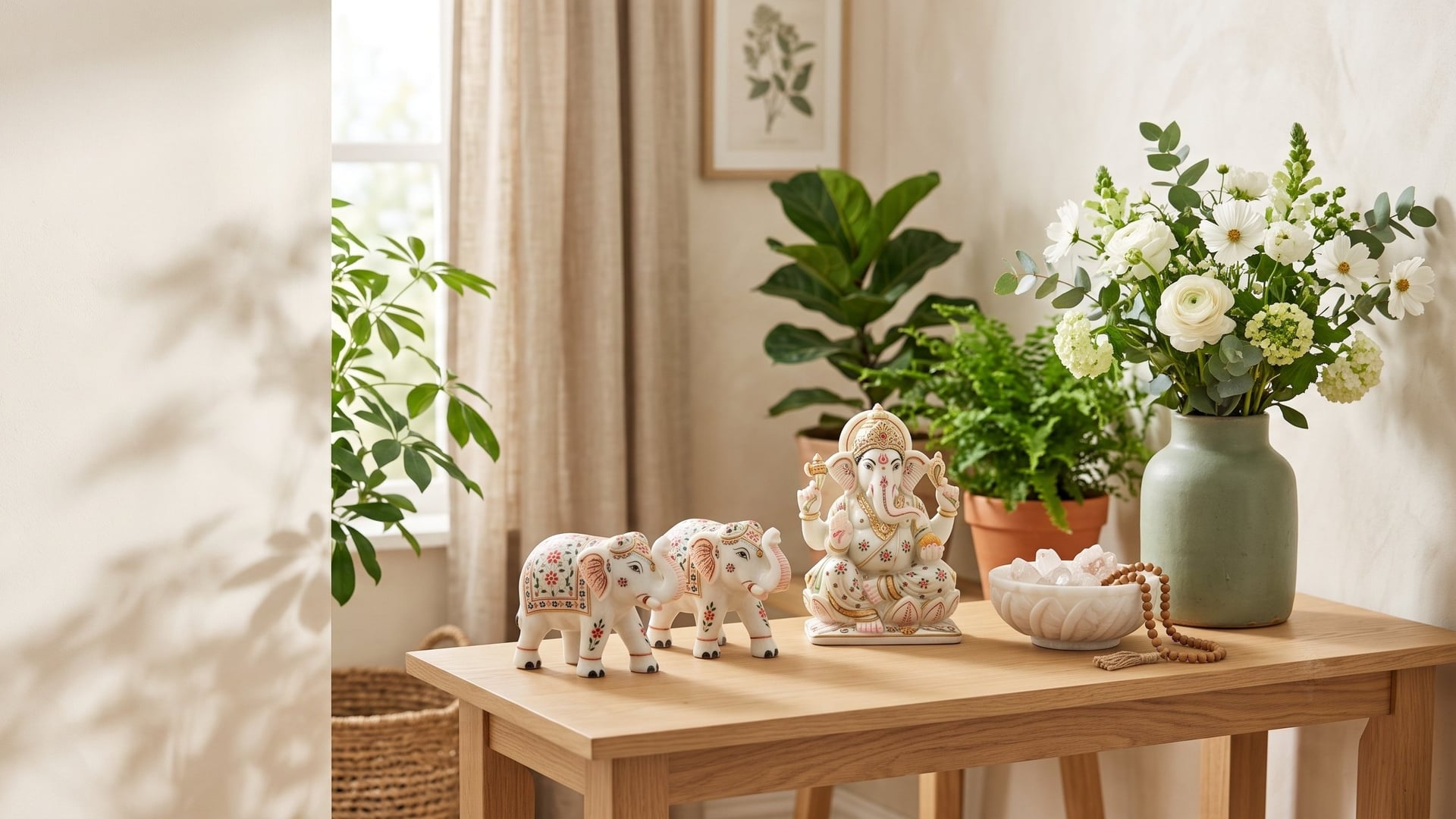 Painted white marble elephants and a marble Ganesha on a console