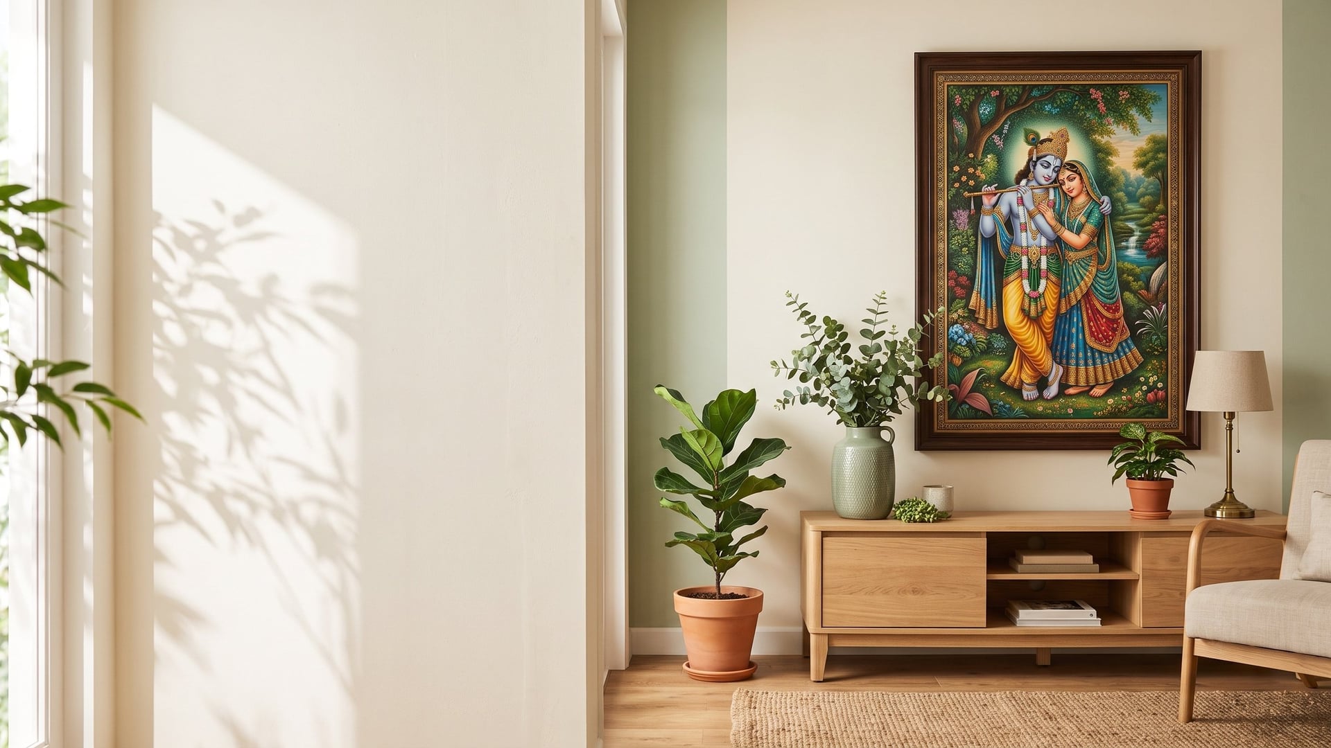 A framed Radha Krishna painting above a console table