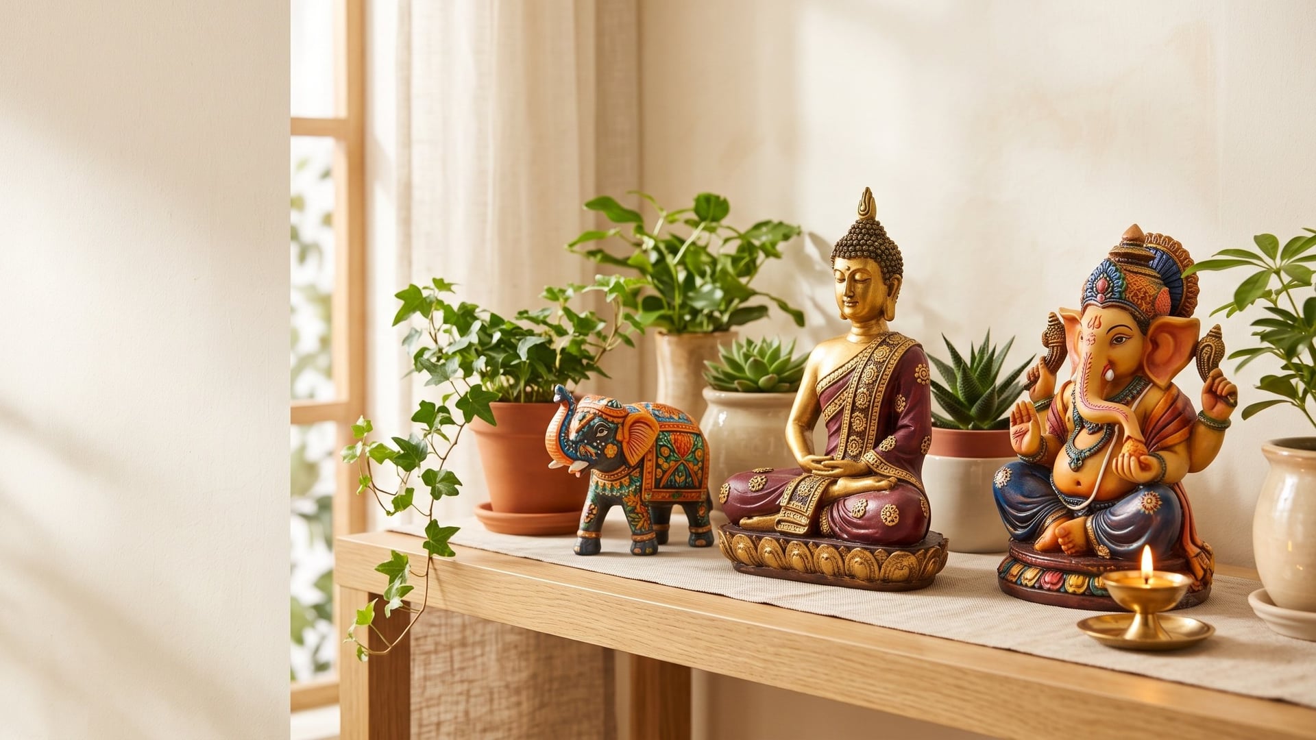 Hand-painted resin idols on a wooden shelf