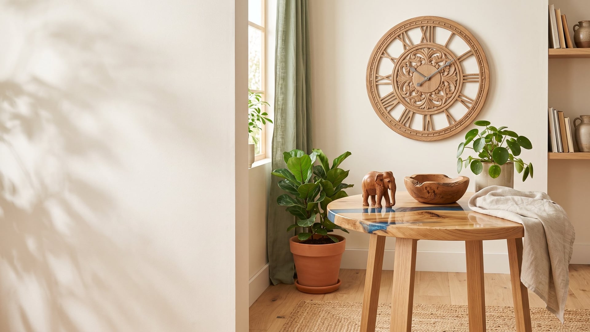 A wooden side table and a carved wooden wall clock