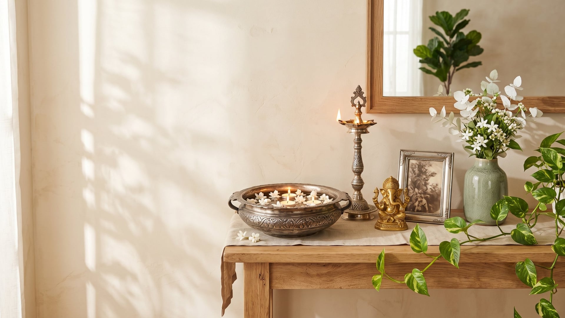 Silver and gold-plated pieces arranged on a console table