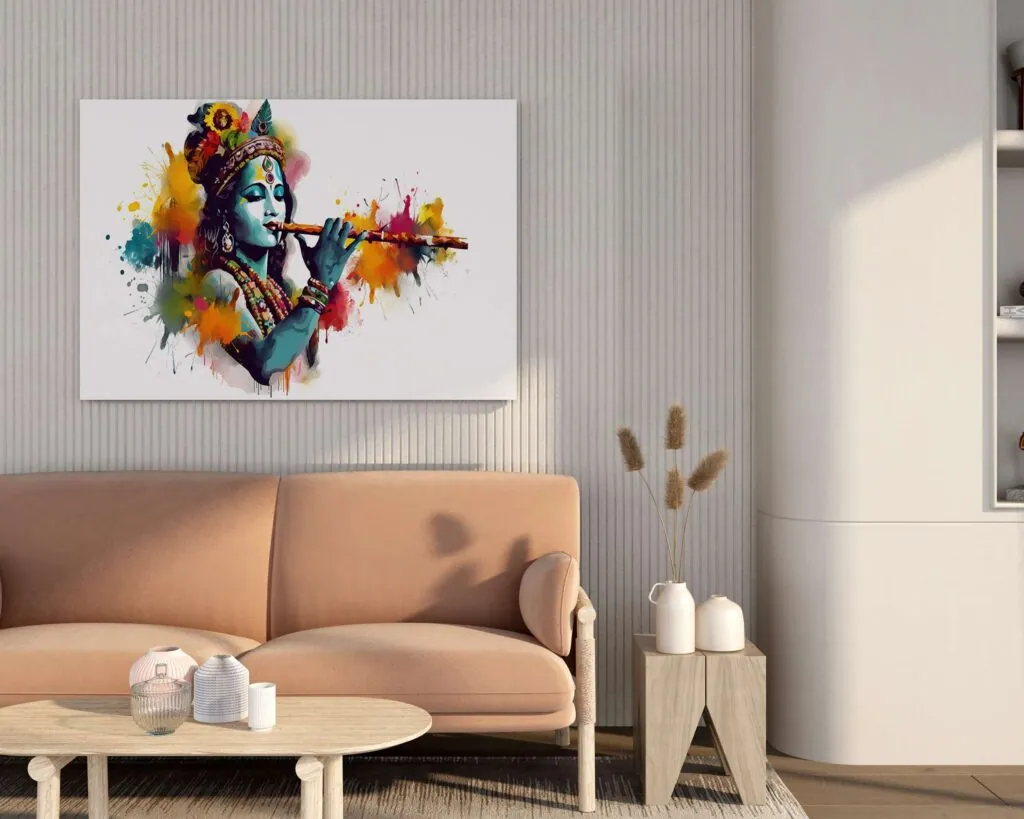 Krishna Flute Watercolor Canvas Painting, photo 1 of 4