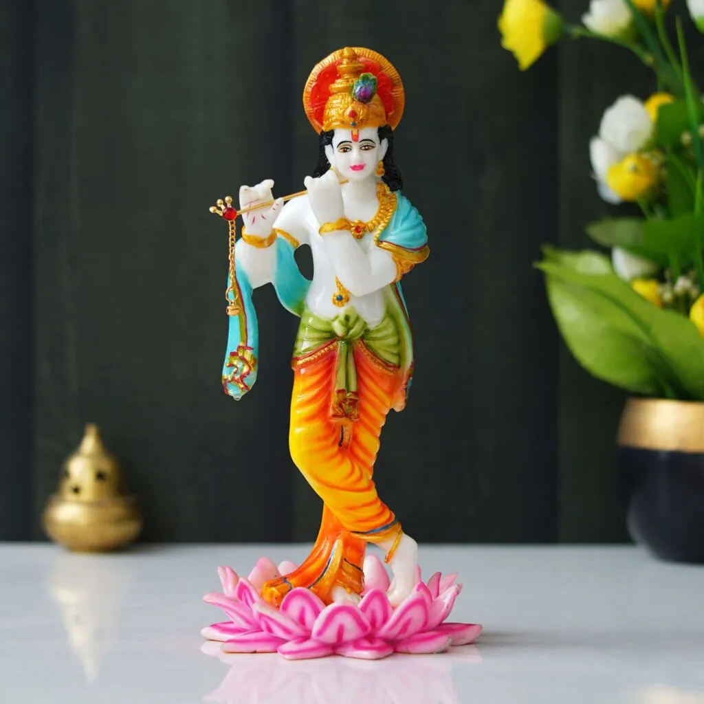 Painted Marble Flute Krishna Idol, photo 1 of 4