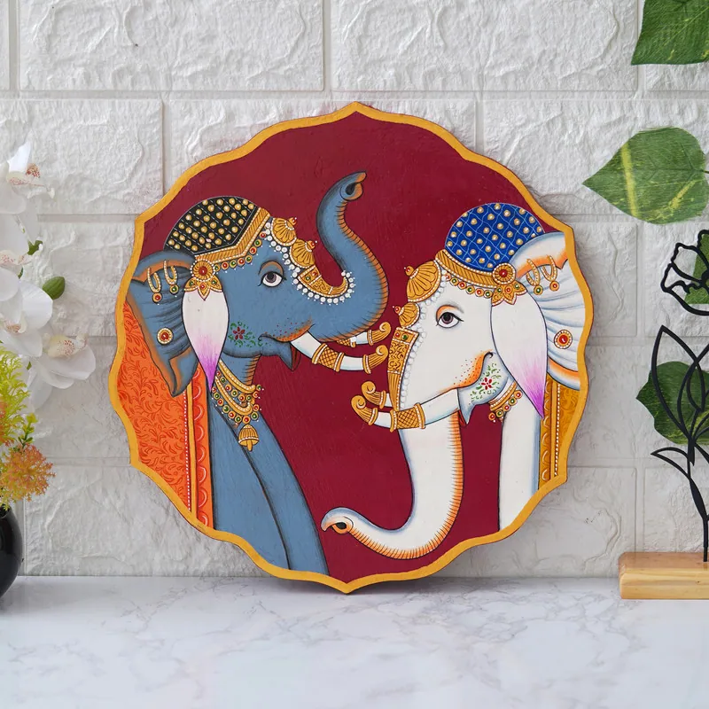 Decorated Elephants Pichwai Plate, photo 1 of 4