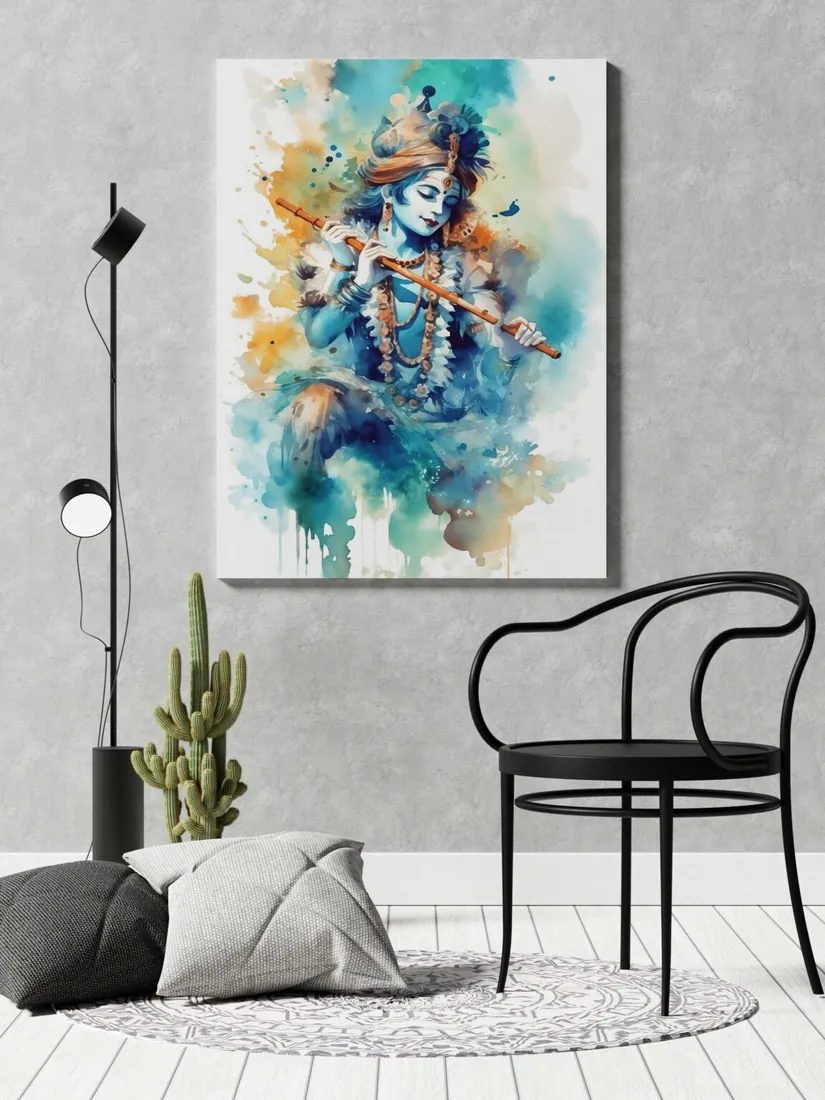 Lord Krishna Watercolor Canvas Painting, photo 1 of 4