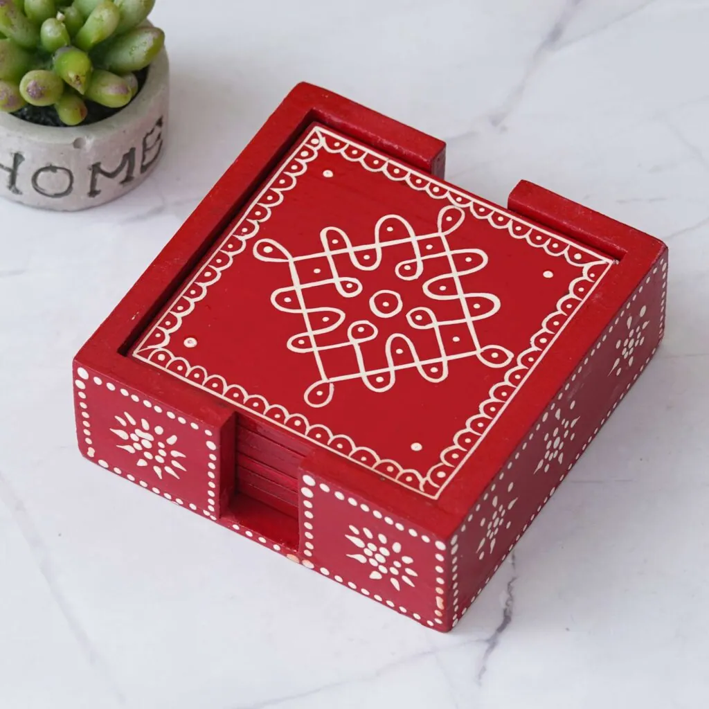 Red Wooden Rangoli Coasters, photo 1 of 3