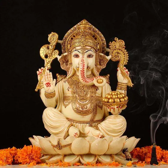 Lotus Seated Ganesha Marble Idol