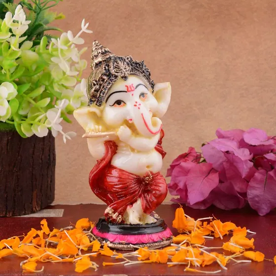 Flute Playing Ganesha Resin Idol