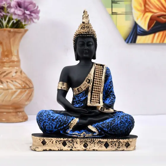 Resin Blue Meditating Buddha Idol