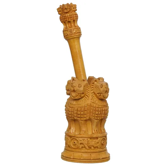 Carved Ashoka Pillar Wooden Pen Stand