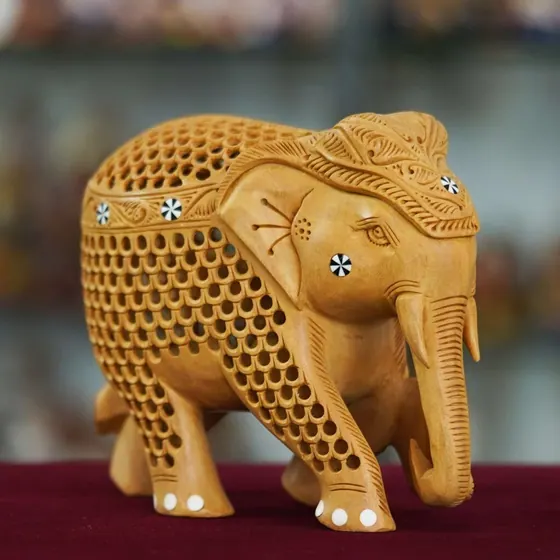 Carved Wooden Jali Elephant Figurine
