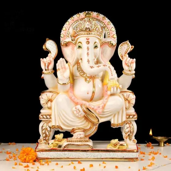 Throne Seated Ganesha Marble Statue