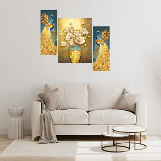 Golden Peacock Floral Wall Painting