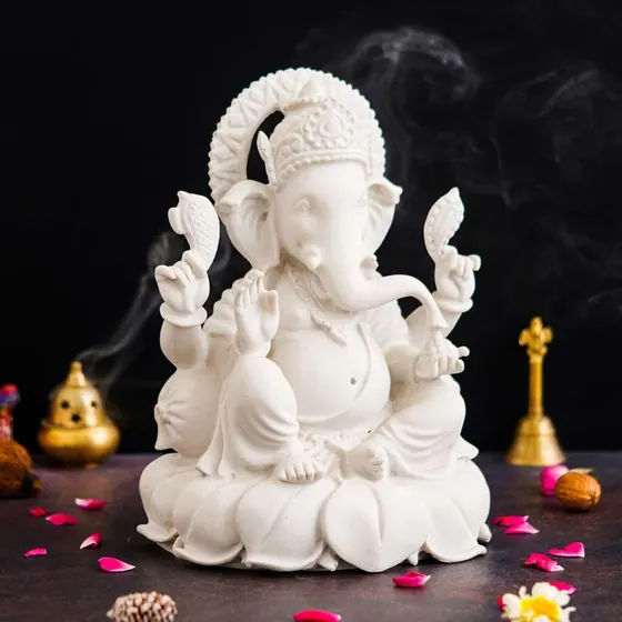 White Marble Seated Ganesha Idol