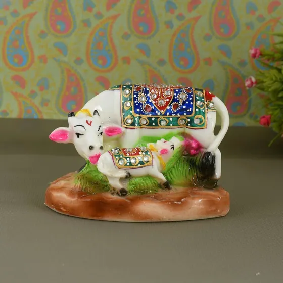 Painted Marble Kamdhenu Cow Idol