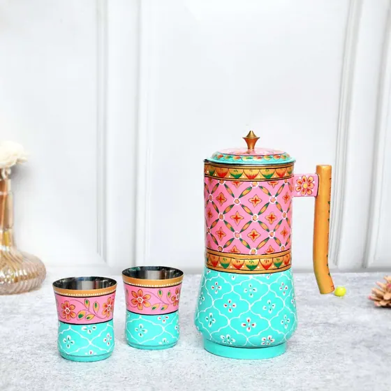 Painted Aluminium Jug and Tumblers