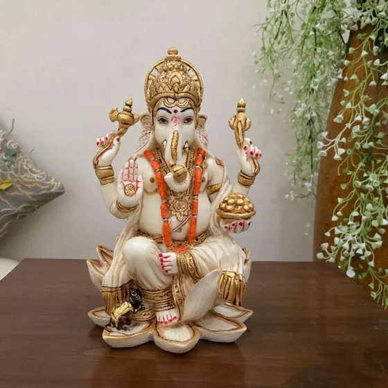 Lotus Seated Ganesha Marble Statue