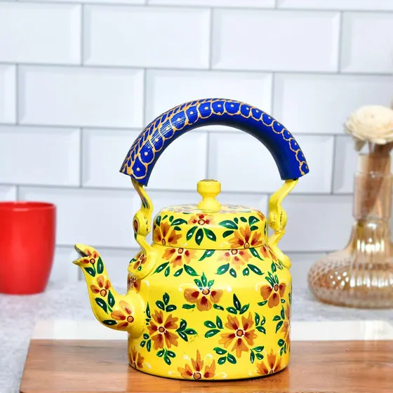 Yellow Floral Painted Tea Kettle