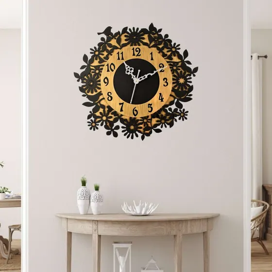 Black Floral Wooden Wall Clock