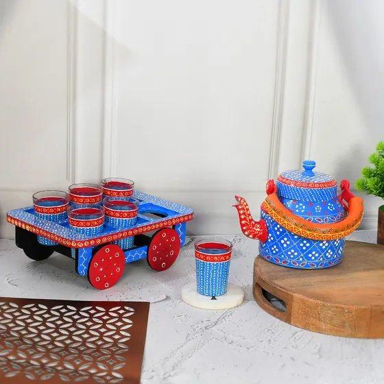 Blue Painted Kettle Tray Set