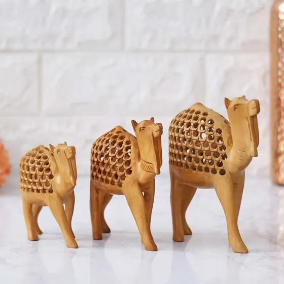 Carved Wooden Camel Trio Figurines