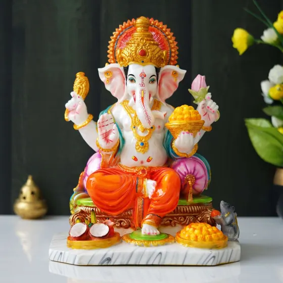 Painted Ganesha Marble Idol