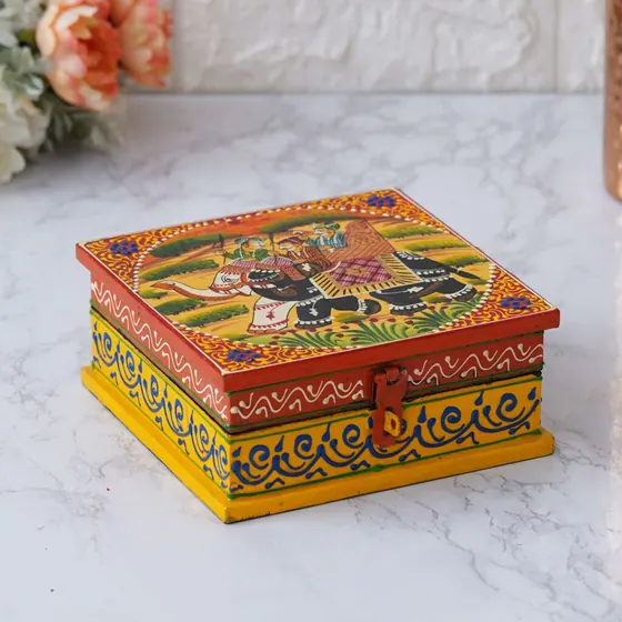 Painted Square Wooden Trinket Box