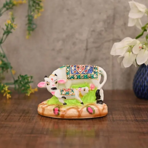 Painted Marble Kamdhenu Cow Figurine