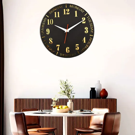 Round Black Weekday Wall Clock