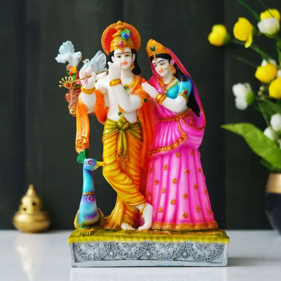 Painted Radha Krishna Marble Statue