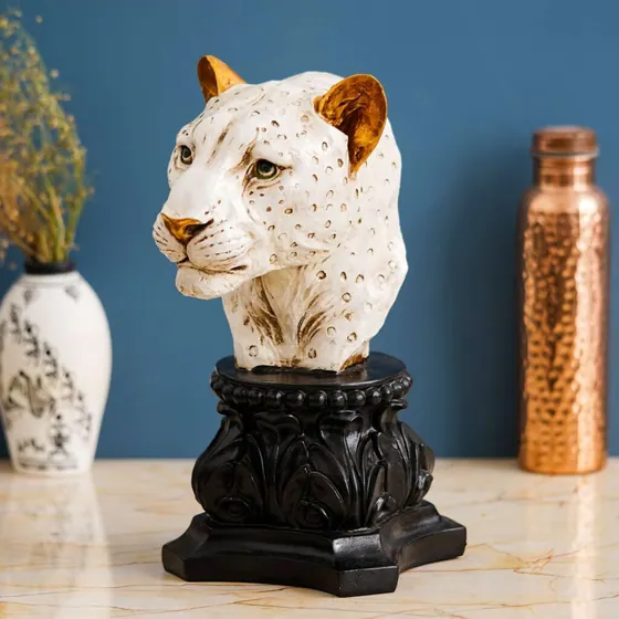 White Leopard Head Resin Bust
