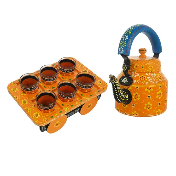 Yellow Painted Kettle Tray Set