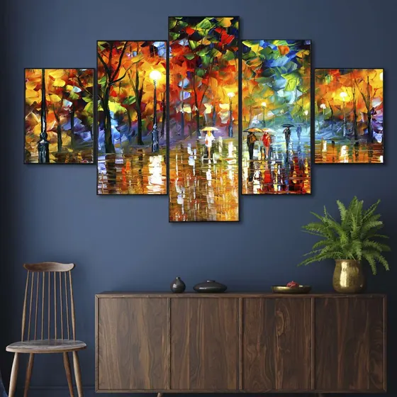 Autumn Rainy Street Panel Painting