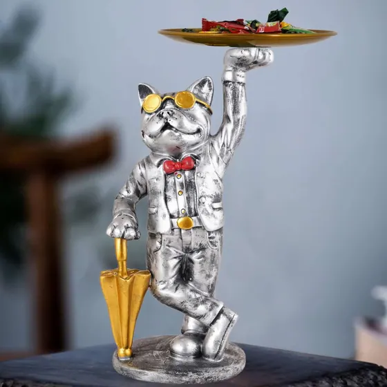 Silver Resin Dog Butler Statue