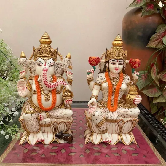 Ganesha Lakshmi Marble Murti Set