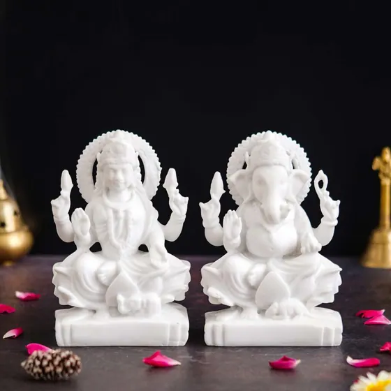 Lakshmi Ganesha White Marble Idols
